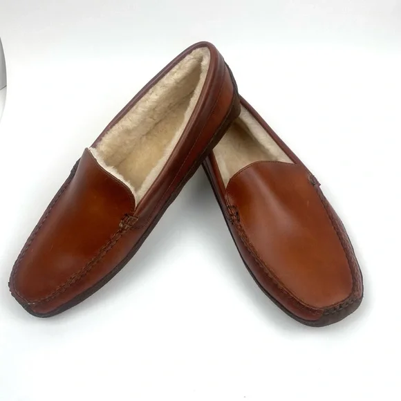 BROOKS BROTHERS Size 11 Men's Brown Leather Shearling LONE TREE Slipper - Picture 1 of 13